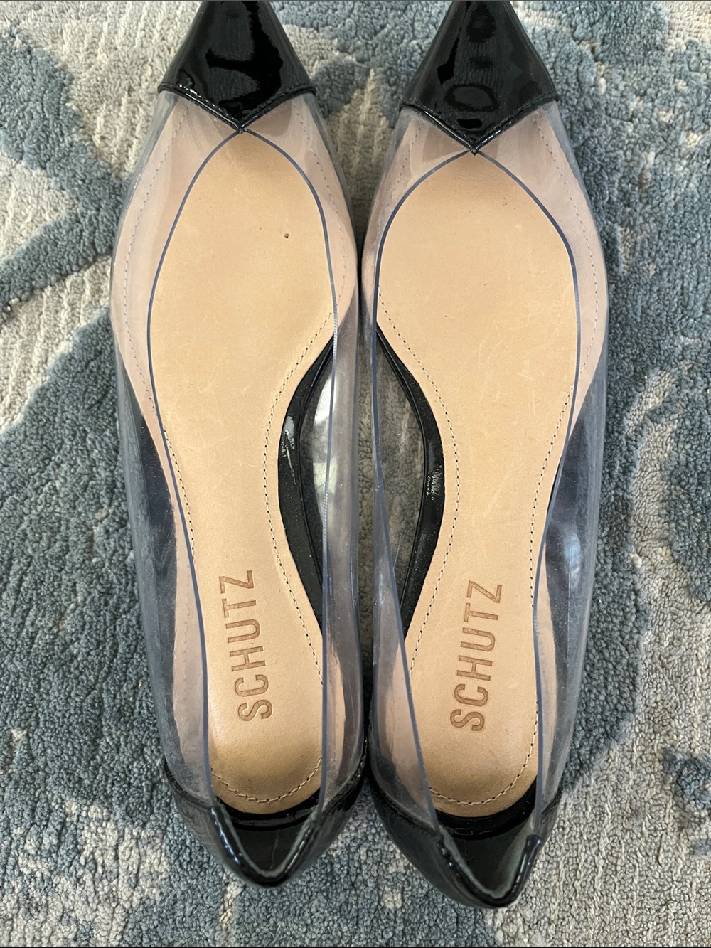 SCHUTZ Two-Tone Clear Panel Pointed-Toe Flats in Nude and Black - Picture 7 of 7